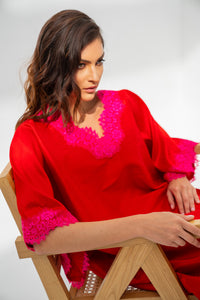 Lounge Kaftan Red with Fuchsia