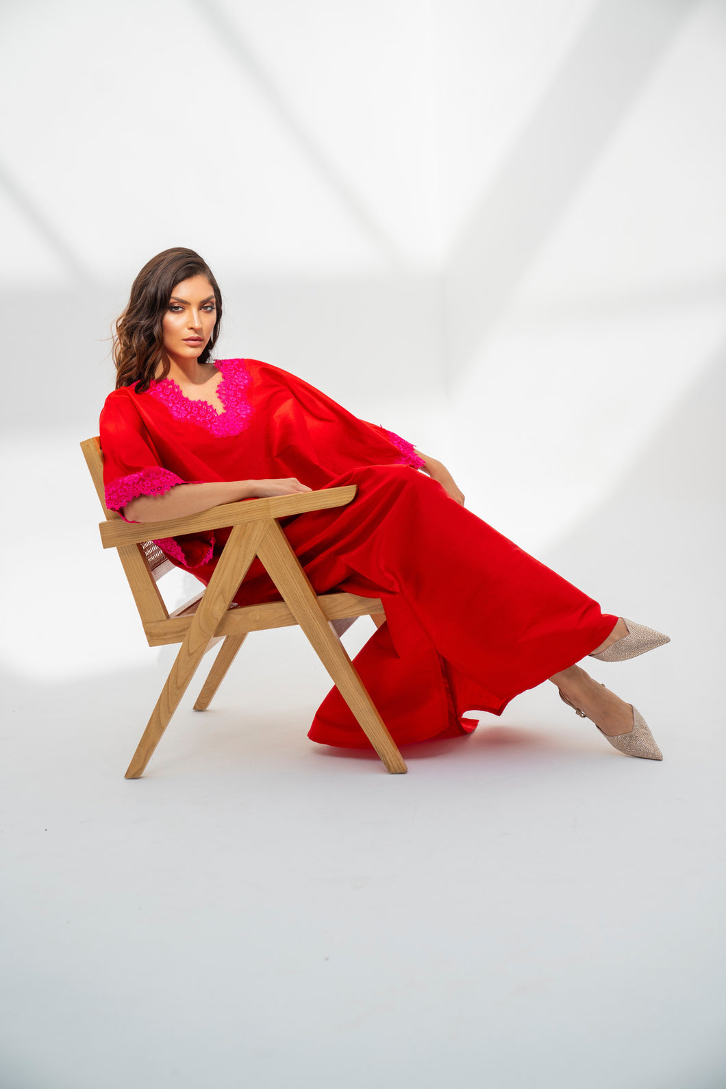 Lounge Kaftan Red with Fuchsia